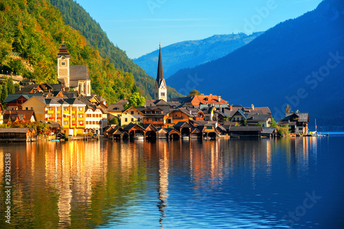 Traditional wooden village Hallstatt on Lake Hallstatt in european Alps, Austria
