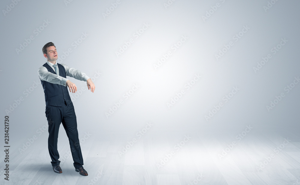 Zombi, sleepy maniac businessman walking in a copy space
Zombi, sleepy maniac businessman walking in a copy space