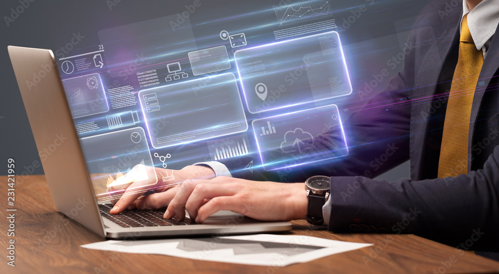 Hand typing on laptop with online accounting system concept
Hand typing on laptop with online accounting system concept
