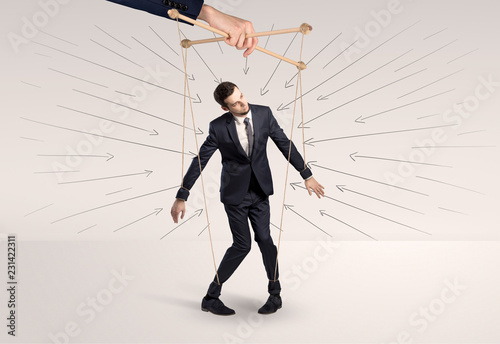 Marionette businessman with doodle lines and arrows around him 