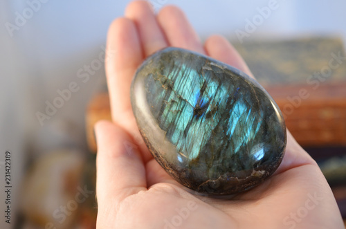 Labradorite Palm Stone! Polished Labradorite stone. Iridescent coloring, very reflective and beautiful. Intuition, third eye chakra photo