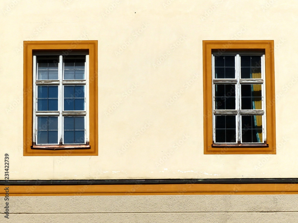 Zwillingsfenster, Sprossenfenster und Holzfenster in der Fassade in ...