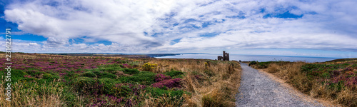 A panorama of Stamps and wheel engine house ruins Wheal Coates mine on cliffs near St. Agnes, Cornwall, UK