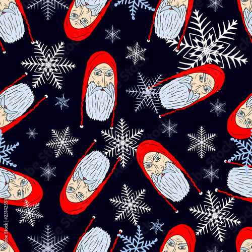 Seamless Christmas pattern of the peculiar heads of the medieval Santa Claus with snowflakes