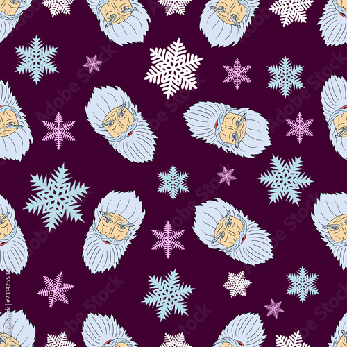 Seamless Christmas pattern of the heads of the arctic Santa Claus with snowflakes