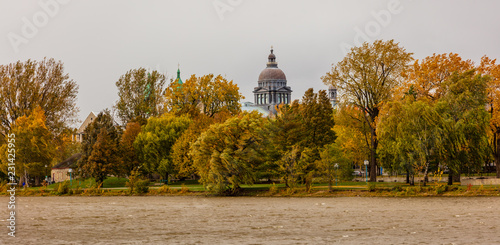 Lachine lakeshore showing the Paroisse Saints-Anges and the Collégial international Sainte-Anne next to the Fur Trade at Lachine National Historic Site on St Joseph Boulevard, Lachine, Quebec, Canada. photo