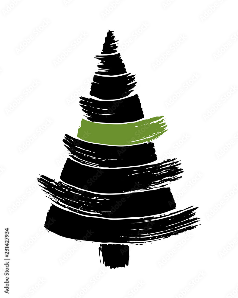 Hand drawn christmas tree isolated on a white background. Ink vector illustration. Modern brush calligraphy.
