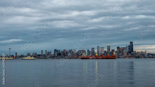 Downtown Seattle Light Up at night with Cloudy Skies