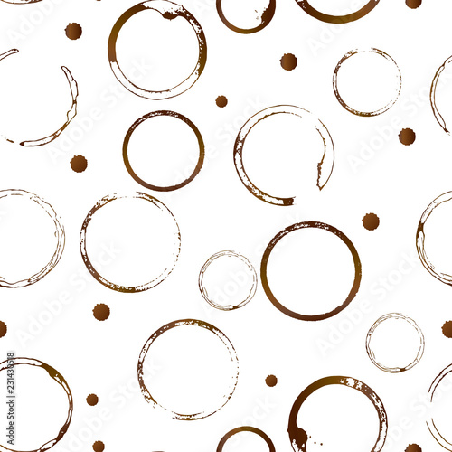 Coffee stains seamless pattern. Brown shape  of coffee cup bottom rings and drop splashes isolated on white. Grunge circles and splatter.