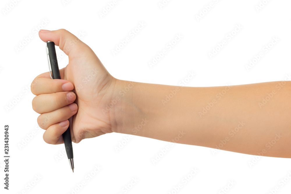 Human hand in reach out one's hand and holding black ballpoint pen gesture isolate on white background with clipping path, High resolution and low contrast for retouch or graphic design Human hand in reach out one's hand and holding black ballpoint pen gesture isolate on white background with clipping path, High resolution and low contrast for retouch or graphic design