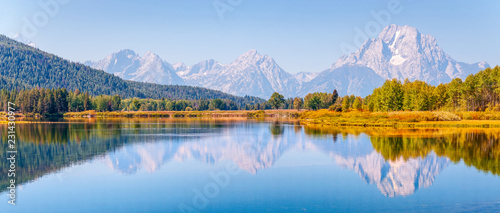 View and reflection of the Teton Range from Oxbow Bend on Snake River.Grand Teton National Park.Wyoming.USA