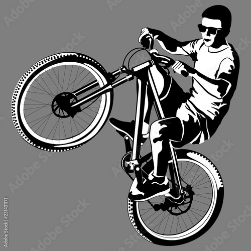 male doing bike trick - black white vector illustration