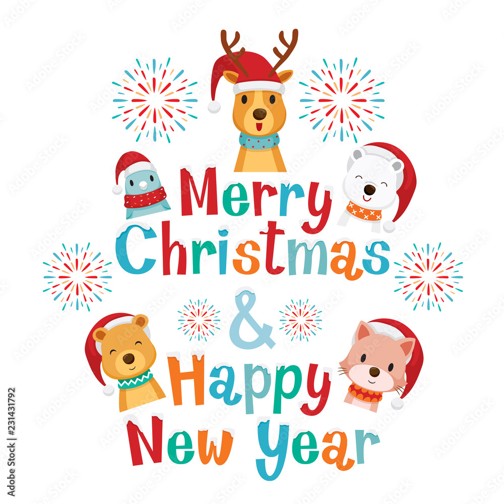 Fototapeta premium Decoration of Merry Christmas and Happy New Year Lettering with Animals, New Year, Xmas, Festive, Holiday