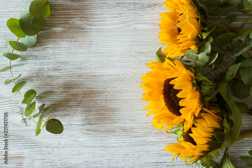Fototapeta Naklejka Na Ścianę i Meble -  Sunflowers on wooden backgroundSunflowers on wooden background