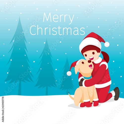 Christmas Celebration, Happy Children Hugging Her Dog, New Year, Xmas, Animals, Festive, Holiday
