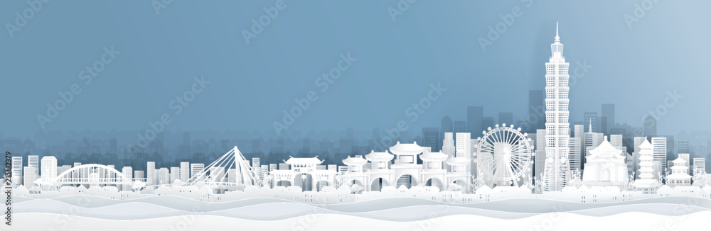 Panorama view of Taipei skyline with world famous landmarks in paper cut style vector illustration