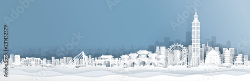 Panorama view of Taipei skyline with world famous landmarks in paper cut style vector illustration