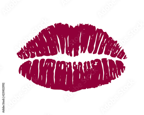 Female pink lipstick kiss isolated on white background. 