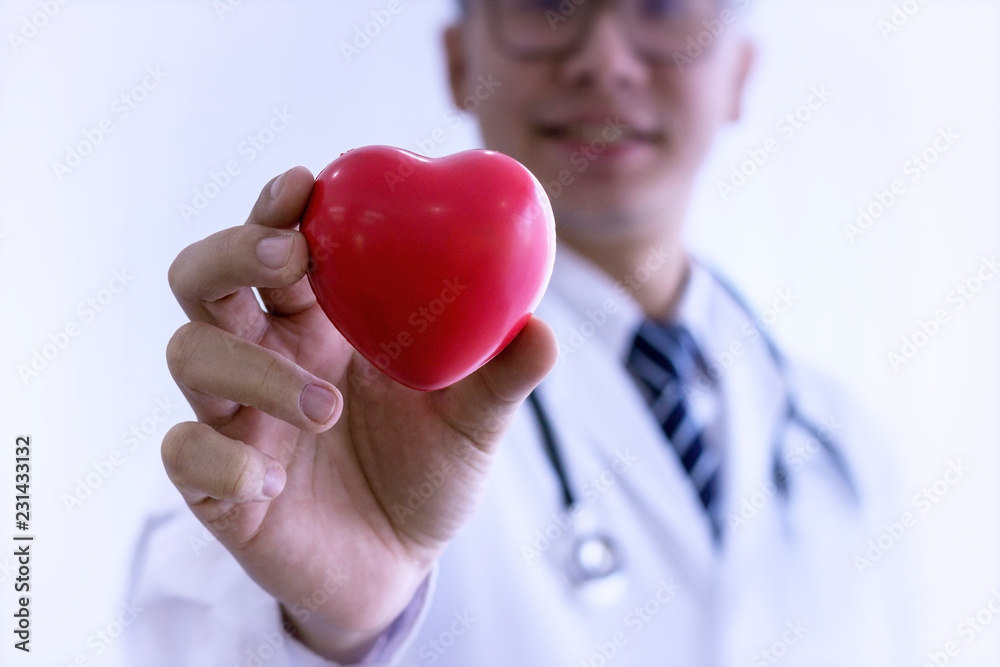 Health care concept; Professional medical doctor holding a red heart ball on blur office in the hospital. Health care concept; Professional medical doctor holding a red heart ball on blur office in the hospital.