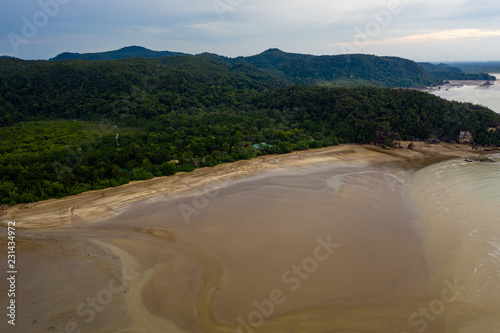 Aerial drone view of the rainforest, mangroves and beaches of the Bako area of Malaysia's Sarawak state in Borneo