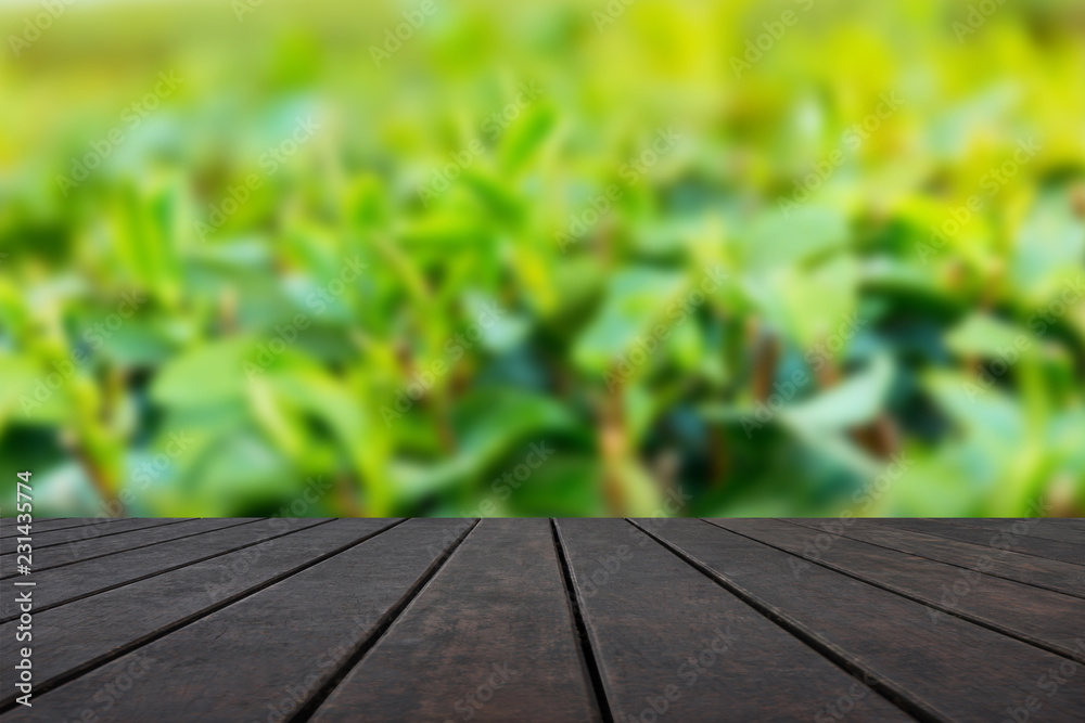 empty wooden table on tea plantations background, with copy space empty wooden table on tea plantations background, with copy space