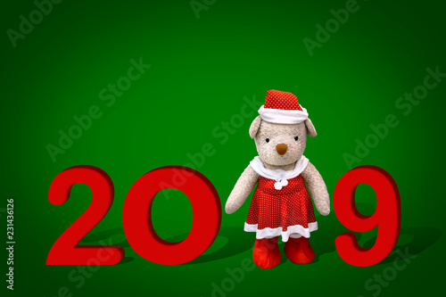 Merry christmas and happy new year card 2019 with pretty teddy bear in red dress and santa hat or santy costume standing between greetings wording.