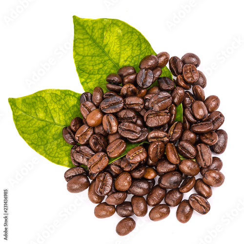 coffee beans and the leaves on white isolate