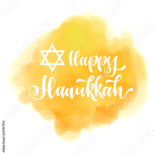 Happy hanukkah hand drawn lettering, dreidels and jewish stars.  Elements for invitations, posters, greeting cards. T-shirt design. Seasons Greetings.