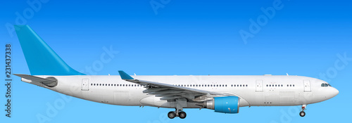 Large heavy modern wide body passenger twin jet engine airplane flying side panoramic close up exterior gear down view reference isolated on sky background air travel transportation light blue scheme