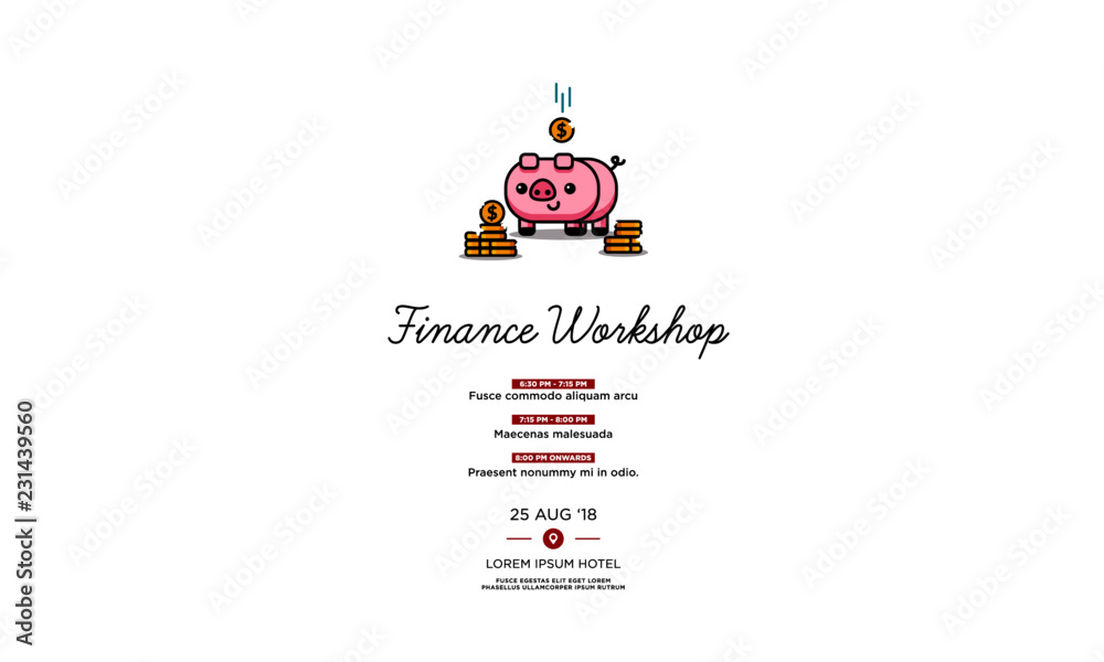 Finance Workshop Invitation with Cute Pig Illustration in Flat Line Art Style Design