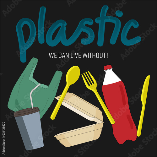 Typographic design with outline flat symbols of single-use plastic product. Single-use plastic product we can live without concept. Vector illustration. 