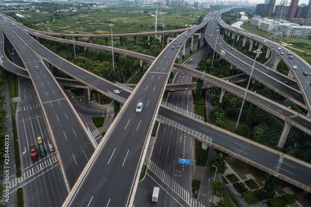 Aerial view of highway and overpass Aerial view of highway and overpass