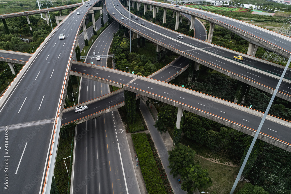 Aerial view of highway and overpass