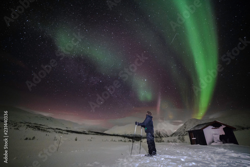 Bild auf Leinwand Cross-country skiing under the Aurora