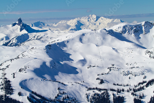 A landscape view of Whistler Mountain and the neighbourhood mountains in British Columbia