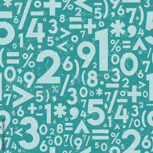 Seamless Vector Distressed Textured Math Operation Symbols and Numbers in Light & Dark Turquoise