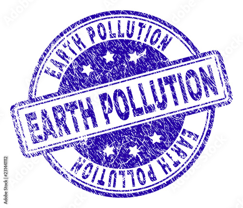 EARTH POLLUTION stamp seal imprint with grunge effect. Designed with rounded rectangles and circles. Blue vector rubber print of EARTH POLLUTION text with grunge texture.