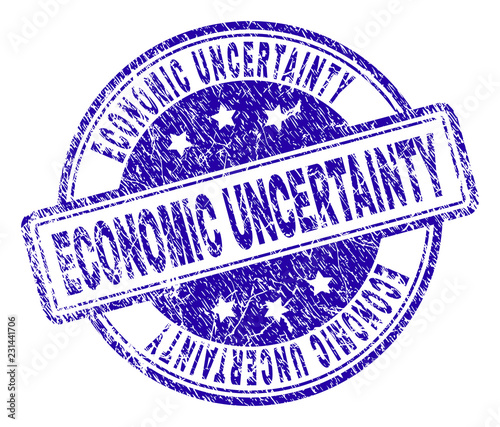 ECONOMIC UNCERTAINTY stamp seal imprint with distress texture. Designed with rounded rectangles and circles. Blue vector rubber print of ECONOMIC UNCERTAINTY caption with retro texture.