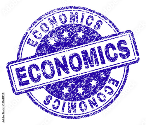 ECONOMICS stamp seal watermark with grunge texture. Designed with rounded rectangles and circles. Blue vector rubber print of ECONOMICS caption with grunge texture.