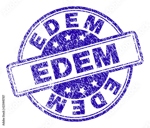 EDEM stamp seal imprint with distress texture. Designed with rounded rectangles and circles. Blue vector rubber print of EDEM tag with dirty texture.