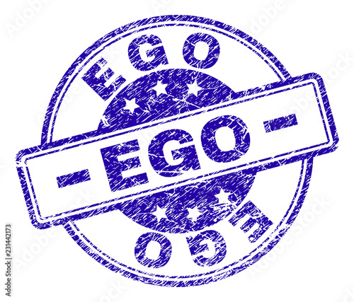 EGO stamp seal watermark with distress texture. Designed with rounded rectangles and circles. Blue vector rubber print of EGO tag with unclean texture.