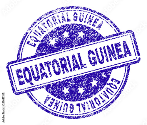 EQUATORIAL GUINEA stamp seal imprint with grunge texture. Designed with rounded rectangles and circles. Blue vector rubber print of EQUATORIAL GUINEA label with corroded texture.