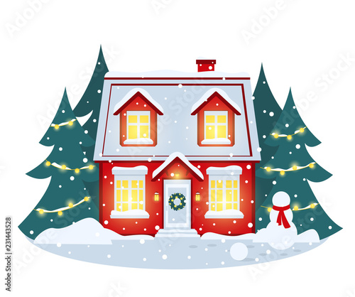 Wallpaper Mural New year vector card. Evening snowfall and snow-covered house, Christmas trees decorated with lights, snow drifts and a snowman in a scarf. Torontodigital.ca