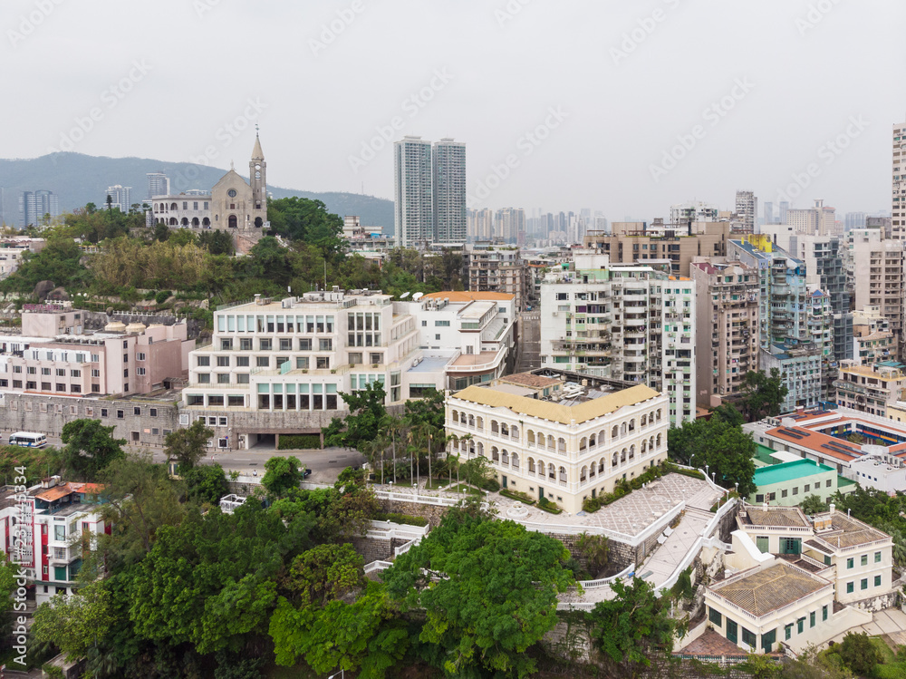 Aerial view of Penha hill and church in Macau