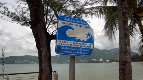 Tsunami warning sign at Patong beach, Phuket, Thailand.