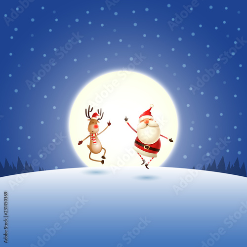 Happy expresion of Santa Claus and Reindeer on blue night moonlight winter landscape