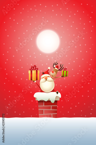 Santa Claus and Reindeer on the chimney with gifts - red snowy moonlight background