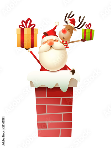 Santa Claus and Reindeer on the chimney with gifts vector illustration isolated on white background