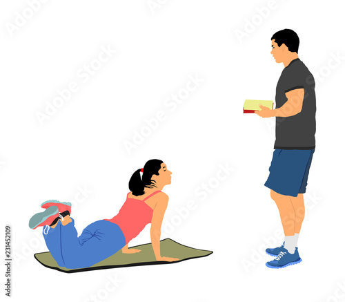 Personal trainer motivates young woman vector isolated. Fit lady exercise with professional help. Losing weight advice from coach. Fitness girl workout and doing push up in gym. Health care active.