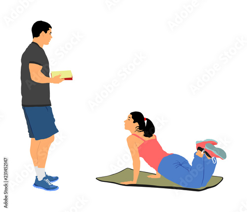 Personal trainer motivates young woman vector isolated. Fit lady exercise with professional help. Losing weight advice from coach. Fitness girl workout and doing push up in gym. Health care active.